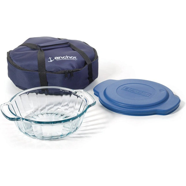 TFI Blowouts ** Anchor¨ 3-Piece 2-Quart Sculpted Baking Dish w/ Slate Blue Plastic Lid and Blue Tote, Set