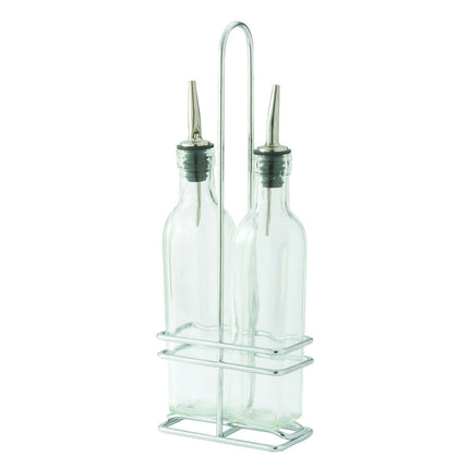 Winco ** Cruet Bottles & Racks (2 Square 16oz Oil Bottle w/Lids & Chrome-Plate Rack), Set