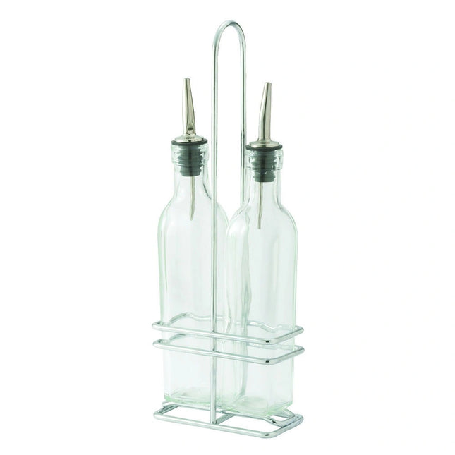 Winco ** Cruet Bottles & Racks (2 Square 16oz Oil Bottle w/Lids & Chrome-Plate Rack), Set