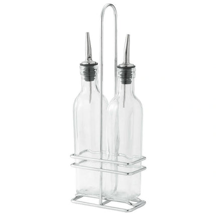 Winco ** Cruet Bottles & Racks (2 Square 8oz Oil Bottle w/Lids & Chrome-Plate Rack), Set