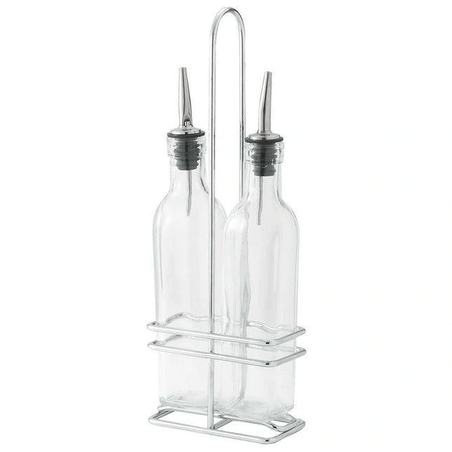 Winco ** Cruet Bottles & Racks (2 Square 8oz Oil Bottle w/Lids & Chrome-Plate Rack), Set
